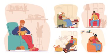 Örgü örmeye çok ilgili karakterler. Her kişi, ayrı bir odaya yerleştirilir, iplik projelerine dikkatle odaklanır, atmosfer rahatlama, yaratıcılık ve hobilerin neşesine ışık saçar.