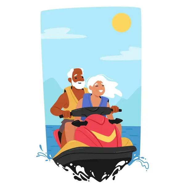 stock vector Elderly Couple Exudes Joy While Riding A Jet Ski On A Sunny Day, Showcasing Active Senior Lifestyle And Adventure. Aged Characters Enjoying Recreation on Sea Waves. Cartoon People Vector Illustration