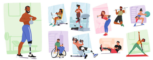 Vector Set of Diverse Disabled Characters Actively Participating In Various Gym Exercises And Fitness Routines, From Wheelchair Users Lifting Weights To Amputees Practicing Yoga And Using Treadmills