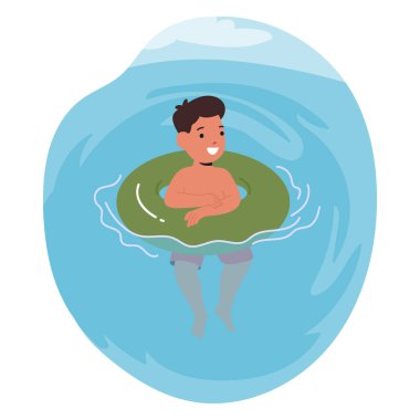 Neşeli Çocuk yeşil şişme bir yüzükle desteklenen yüzme havuzunda neşeyle süzülüyor. Vektör görüntüsü yaz eğlencesi ve çocukluk keyfi, tatil, boş zaman ve su aktivitelerinin özünü yakalar