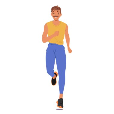 Genç, formda erkek karakter, sıradan, canlı bir spor kıyafetle ön cephede koşuyor. Sağlık, zindelik ve spor anlayışı, sağlık ve aktif yaşam tarzları kavramı. Çizgi film İnsanları Vektör İllüstrasyonu