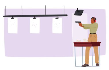 Young Adult Male Character Practicing Shooting Skills At Indoor Gun Range. Man Aiming A Pistol At A Target. Vector Scene Includes Protective Gear, Table With Ammunition, Bullet Holes In The Target clipart