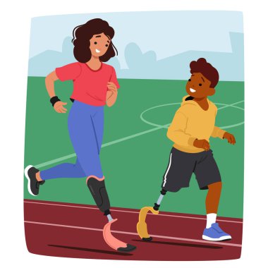 Protez bacaklı iki genç sporcu spor pistinde aktif olarak koşu seansına katıldılar. Dayanıklılık, Sporculuk ve Uyarlamalı Spor, Spor, Zindelik ve Tutarlılık Konsepti