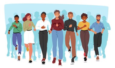 Değişik Mutlu Karakterler Grubu Günlük Kıyafetler, Ön Görünüm. Çizgi film Vektör İllüstrasyonu Hareket ve Birliktelik, Çeşitlilik, Dostluk ve Spor Etkinliği Duygusu Yakalıyor