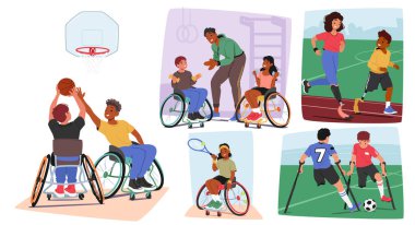 Özel spor aktiviteleri seti, engelli çocuklar basketbol, koşu ve futbol oynuyorlar. Genç sporcular arasında çeşitlilik ve takım çalışması kavramı, ulaşılabilirlik ve spor eşitliği