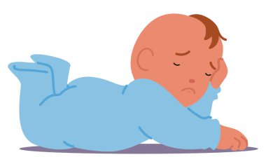 Huzurlu bir şekilde uyuyan, mavi tulumlu bir bebek karakter. Saf Serenity ve Masum Bebek Bakımı, Yeni Bebek Bakımı, Ebeveynlik veya Pediatrik Sağlığın Sakinleştirici Kavramı. Çizgi film Vektör İllüstrasyonu