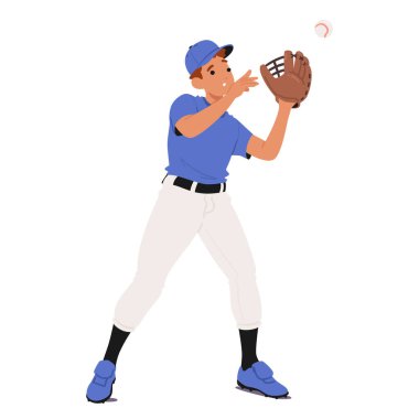 Beyzbol oyuncusu saha oyuncusu mavi üniformalı karakter eldiveniyle topu yakalamaya odaklanmış durumda. Çizgi film Vektör İllüstrasyonu Beyzbol Sporunda Eylem, Konsantrasyon ve Atletizm Gösteriyor