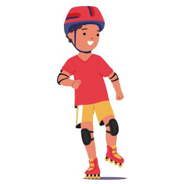 Neşeli Çocuk Hevesle Paten Yapıyor, Kask takıyor ve Koruyucu Takıyor. Çizgi film Vector görüntüsü, neşe, eğlence ve aktif oyunu çağrıştırıyor. Çocukluk, güvenlik ve açık hava aktiviteleri kavramı