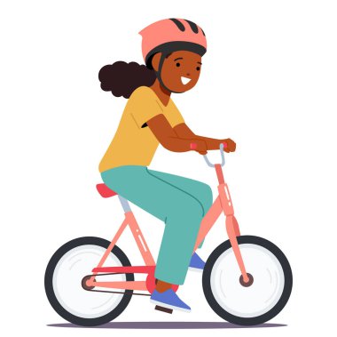 Kask takarken bisiklete binen Mutlu Çocuk 'u. Kız gülümsüyor ve gezintiden zevk alıyor, güvenlik ve eğlence gösterisi yapıyor. Çizgi film Vektör Resmi Çocukluk, Açık Hava Etkinliği ve Mutluluk Temalarını Taşımaktadır