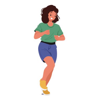 Yeşil tişört, mavi şort ve sarı spor ayakkabı giyen, sağlıklı bir yaşam tarzının, formda olmanın ve mutluluğun özünü yakalayan genç bir kız karakter. Çizgi film Vektör İllüstrasyonu