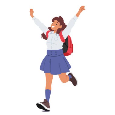 Kırmızı sırt çantalı neşeli liseli kız elleri havada koşuyor, mutluluk ve heyecanı ifade ediyor. Vector Karakteri Bir Okul üniforması Giyiyor Tasasız bir anda Kutluyor veya Seviniyor