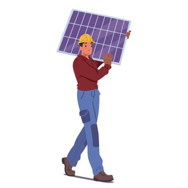 Kurulum için Güneş Paneli Taşıyan İşçi. Sert Şapka ve Eldiven Giyen Erkek Karakteri, Güvenlik ve yenilenebilir enerji çözümlerinin önemini gösteriyor. Temiz Enerji, Çevre ve İnşaat