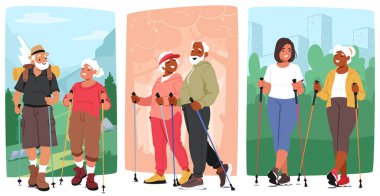 Nordic Walking In Outdoor ayarlarına katılan yaşlı çiftler. Sağlıklı, aktif yaşam tarzları ve sosyal etkileşim içinde olan kıdemli karakterler. Fitness, Yürüyüş ve Yaşlılar İçin Sağlık Konsepti