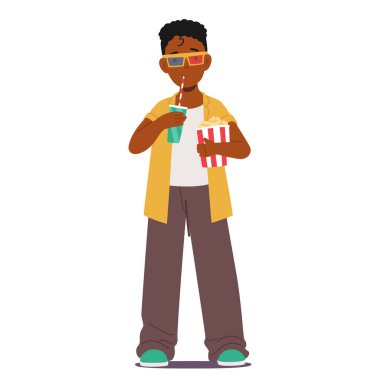 3 boyutlu gözlüklü, patlamış mısırlı ve içkili bir filmin tadını çıkaran bir çocuk. Sakin ve eğlenceli bir erkek karakter sinematik bir deneyime hazır. Çizgi film insanları Sinema, Eğlence ve Çocukluk Konseptini Vektör Eder