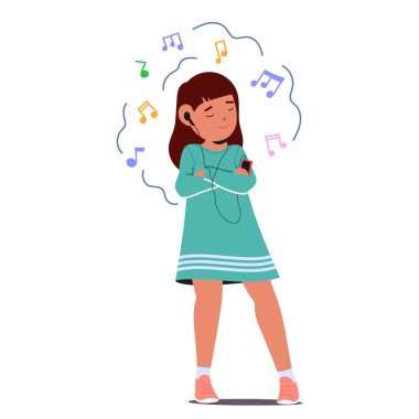 Kulaklıklı mutlu kız cihazında müzik dinliyor. Çocuk kendini rahat ve hoşnut hissediyor. Etrafında uçuşan renkli notlar neşe ve rahatlığı vurguluyor. Çizgi film Vektör İllüstrasyonu