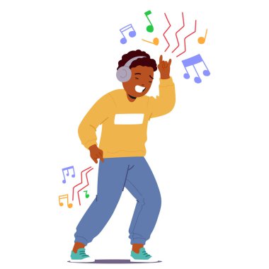 Neşeli çocuk dans ediyor ve kulaklıkla müzik dinliyor. Çocuk mutluluğu ifade ediyor ve ritmin tadını çıkarıyor. Renkli Müzik Notaları Sahne 'yi çevreledi. Karakter Çizgi Film İnsanları Vektör İllüstrasyonu