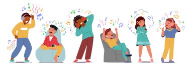 Bir grup mutlu çocuk kulaklıklarla müzik dinliyor ve şarkı söylüyorlar. Sevinç ve coşkuyu ifade eden çocuklar, hareket ve heyecan içeren çeşitli pozlarda yakalandılar. Çizgi film Vektör İllüstrasyonu
