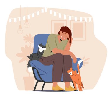 Sıcak bir ev ortamında iki kediyle aynı sandalyede oturan üzgün kadın. Çizgi film Vektörü Kadın Karakteri Evcil Hayvanlar tarafından teselli edilirken Üzüntü Göstererek Yalnızlık ve Arkadaşlık Duygusunu Taşır