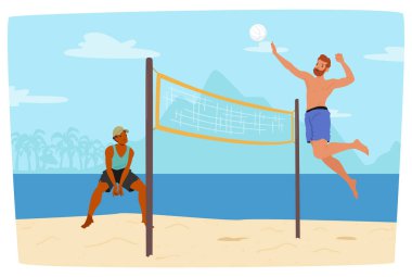 İki erkek karakter plaj voleybolu oynuyor. Biri topu fırlatıyor, diğeri de topu almaya hazırlanıyor. Güneşli bir günün karikatür sunucusu sahnesi. Arka planda sakin bir okyanus ve palmiye ağaçları var.