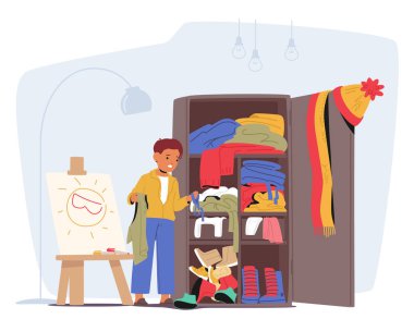 Genç çocuk yatak odasında kirli bir dolap düzenliyor, etrafı giysi ve ayakkabılarla çevrili. Çizgi film Vektör Sahnesi Düzenlilik, Sorumluluk ve Ev Organizasyonunu Vurguluyor. Parlak ve Neşeli Resimler