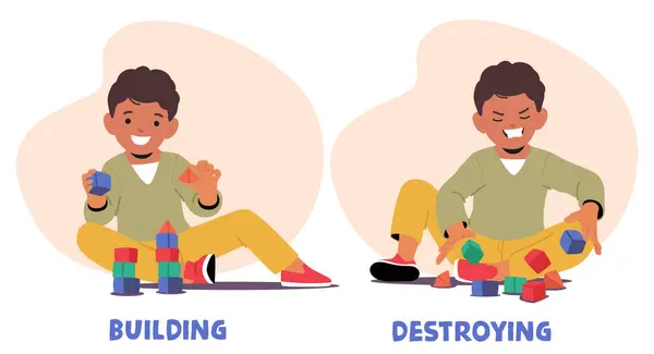 stock vector Two Kids Displaying Opposites By Building And Destroying Block Structures. One Child Is Happy Building While The Other Is Frustrated And Destroying Blocks. Concept Of Construction And Deconstruction