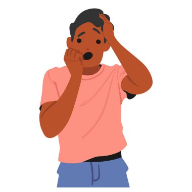 Şok olmuş ve korkmuş bir ifade sergileyen çizgi film karakteri. Pembe tişörtlü siyah adam kafasını tutuyor ve ağzını kapatıyor sürpriz ya da korku hisleri taşıyor. Vektör İllüstrasyonu