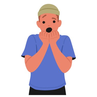 Çizgi film, geniş gözlü ve ağzı açık adamı şaşırttı ve şok etti. Erkek karakter, beyaz arka planda korku, endişe ve sürprizin dışavurumlarını gösterir. Çizgi film İnsanları Vektör İllüstrasyonu