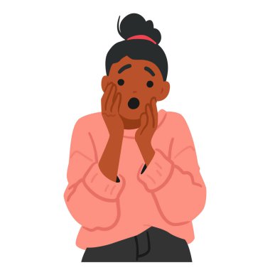 Karikatür Kadın Karakteri Şok Ediyor ya da Şok Ediyor, Elleri Yüzüne Tutulmuş. Siyah kadının endişeli ya da korkmuş bir ifadesi var, pembe süveter giyiyor ve koyu saçlı, vektör görüntüsü var.