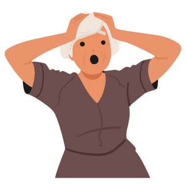 Yaşlı Kadın Çizgi Film Karakteri Kafasını İnançsızlıkla Tutuyor. Şaşırtma, korku ve alarmın belirtilerini el ele hareketlerle ortaya koyuyor. Şok, Tepki ve Duyguların Vektör Konsepti