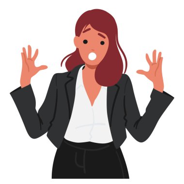 Şok olmuş ve şaşırmış bir ifadeyle çizgi film kadını. İş Dünyasında Elleri İnançsızlıkla Büyüyen Genç Kadın Karakteri. Vektör İllüstrasyonu, Sürpriz, Şok ve Korku Duygularını Yakalıyor