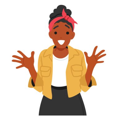 Şaşırmış ve mutlu bir ifadeyle çizgi film karakteri. Sarı bir ceket ve kırmızı bir saç bandı takan genç siyah bir kadın neşe, mutluluk ve heyecan taşıyor. Vektör İllüstrasyonu