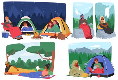 Group Of Characters Enjoying Different Camping Scenarios, With Tents And Sleeping Bags Amidst Nature. Cartoon Vector Images Of Various Camping Activities, Relaxation, And Beauty Of Outdoor Adventures clipart