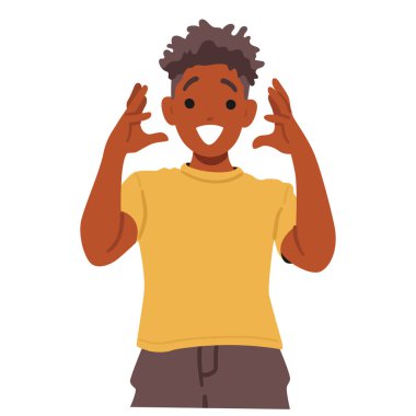 Şaşırtıcı bir yüz ifadesi ve elleri havada mutlu bir Afro-Amerikan karakterinin renkli çizgi film temsili. Sarı tişört giyen ve heyecanını ifade eden genç bir çocuk.