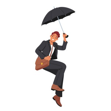 Neşeli İş Adamı Şemsiyeyle Uçuyor. Çizgi film karakteri, takım elbiseli ve evrak çantası taşıyor. Tuhaf Vektör İllüstrasyonu Macera, Özgürlük ve Neşe Duygusunu Taşır