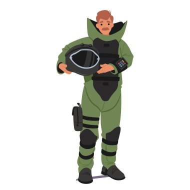 Bomba imha uzmanı. Yeşil koruyucu giysisi var ve kask takıyor. Emlakçı Özellikleri Hazırlandı ve Odaklandı, Güvenliği Temsil Edildi, Korundu ve Tehlikeli Durumlarda Uzmanlaşmış Yetenekler