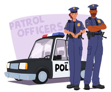 Üniformalı kadın ve erkek polis memurları devriye arabasının yanında bekliyorlar. Görev için hazır ve kendinden emin görünen karakterler, güvenlik, koruma ve kolluk kuvvetlerini sembolize ediyor. Vektör İllüstrasyonu