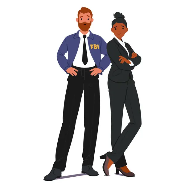 stock vector Two Fbi Agents Confidently Standing With Arms Folded. The Male Agent Is In Uniform While The Female Agent Is In A Suit. Character Depict Authority, Professionalism, And Teamwork In Law Enforcement