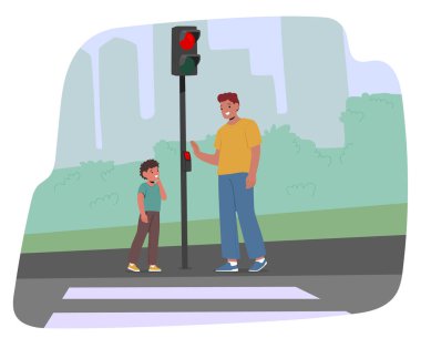 Baba, yaya geçidinde trafik ışığıyla çocuğuna yol güvenliğini öğretiyor. Yaya geçidinde bekleyen karakterler yol güvenliğinin önemini ve aile rehberliğinin önemini vurguluyor.