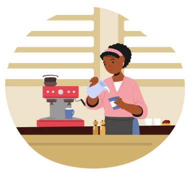 Sıcak bir kafede espresso makinesiyle ustaca kahve yapan kadın barista karakteri kahve yapma işini ve sıcak bir kafe dekorasyonunun havasını vurguladı. Çizgi film Vektör İllüstrasyonu