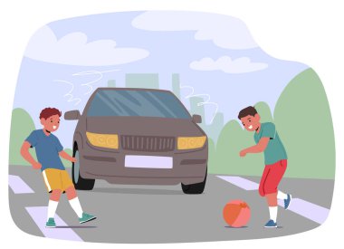Çocuklar yol kenarında top oynarken bir araba yaklaşırken trafik güvenliğinin ve çocuklar için farkındalığın önemini vurguluyor. Vektör İllüstrasyonu Çocuklar için Yol Güvenliği Derslerini Vurguluyor