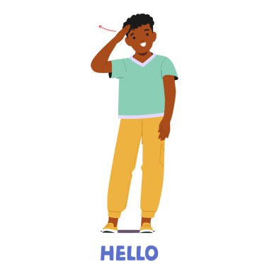 Yeşil gömlekli ve sarı pantolonlu bir çocuk işaret diliyle 