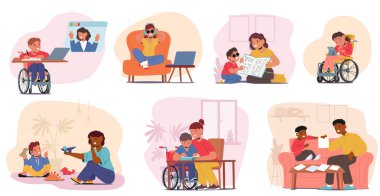 Özel ihtiyaçları olan öğrenciler çeşitli eğitim ve eğlence aktivitelerine katılıyorlar. Vektör İllüstrasyon Gösterileri Öğrenme, Yaratıcılık ve Katılım, Destek ve Etkileşimin Önemi Gösteriliyor