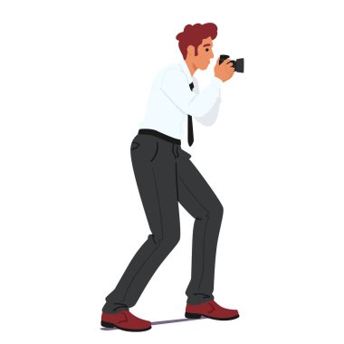 Profesyonel Fotoğrafçı Karakteri, Kamerası ile Fotoğraf Çekiyor. Çizgi film Vektör İllüstrasyonu, Fotoğraf Duruşunda Yaratıcılık, Odaklanma ve Profesyonelliği Vurguluyor