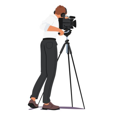 Kameraman, profesyonel kamerayı üç ayaklı kameraya bağlıyor. Erkek figürü günlük giysiler giyiyor ve çekim görevine odaklanmış gibi görünüyor. Medya, Videografi ve Film Üretimi Vektör Kavramı