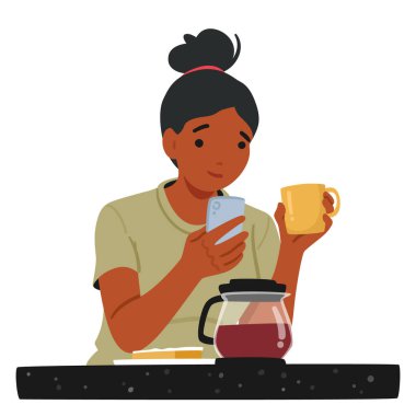 Bir fincan kahvenin tadını çıkarırken akıllı telefon kullanan bir kadın. Önünde kahve demliği olan bir masada oturan bir karakter. Çizgi film Vektör İllüstrasyonu Dijital Yaşam Tarzı, Çoklu Görev, Gevşeme Sunar