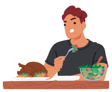 Çizgi filmdeki adam masada kızarmış tavukla salata yiyor. Vektör görüntüsü sağlıklı bir yemek, dengeli bir diyet ve beslenme düzenleme, besin, gıda ve yaşam tarzıyla ilgili kavramlar için ideal bir konsept sunar