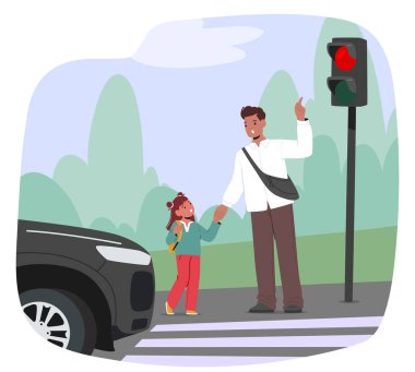 Baba karakteri, kırmızı ışıkta geçen yaya geçidinden geçerken kızıyla el ele tutuşuyor. Vektör İllüstrasyonu Şehir Merkezinde Yol Güvenliğini ve Aile Bakımını Vurguluyor