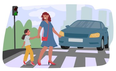Anne ve kızı, Zebra Geçidi 'nden güvenli bir şekilde geçerken el ele tutuşuyorlar trafik ışığı yeşil ve araba geçmelerine izin vermek için duruyor. Yol Güvenliği ve Aile Birliğine Vektör Vurgulama