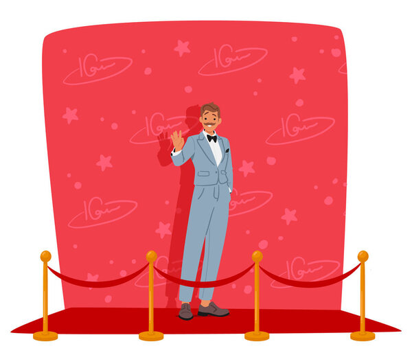 Знаменитость в стильном костюме, уверенно позирующая на красной ковровой дорожке на мероприятии, пронизанном звездами. На заднем плане - графики и звезды, выделяющие яркую личность. Вектор мультипликации