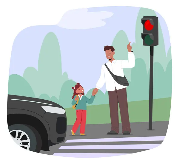 stock vector Father Character Holding His Daughter Hand While Crossing The Street At A Pedestrian Crossing With A Red Light Signal. Vector Illustration Emphasizes Road Safety And Family Care In An Urban Setting